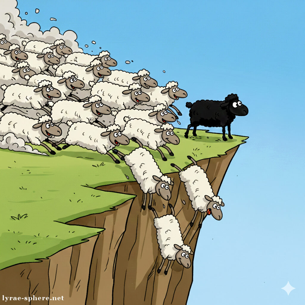Humour - Mouton noir et troupeau de moutons blancs qui se jettent dans le précipice - Habiter le Seuil : Équilibrer la Puissance, Sonder le Réel - Lyrae Sphere
