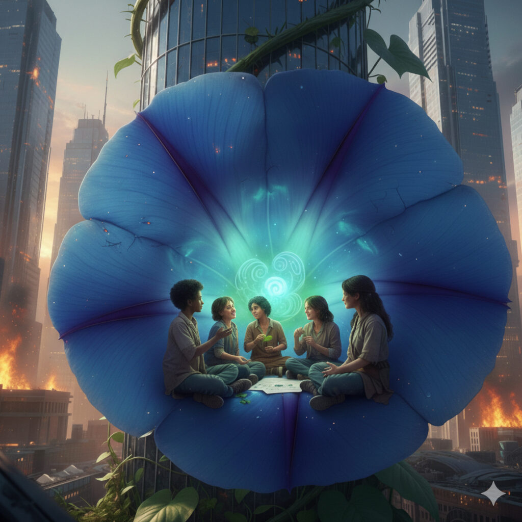 Réunion de la jeunesse dans un liseron bleu volubilis - Lyrae Sphere - lyrae-sphere.net - La Fréquence de l'instant