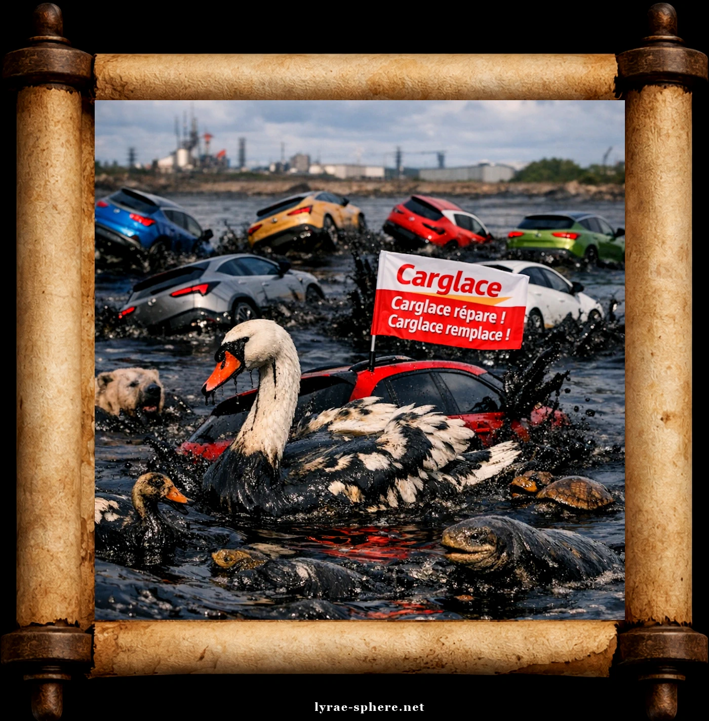 Lyrae Sphère - Parchemin animé - Scène pétrole-automobiles - cygne - Carglass répare, Carglass remplace
