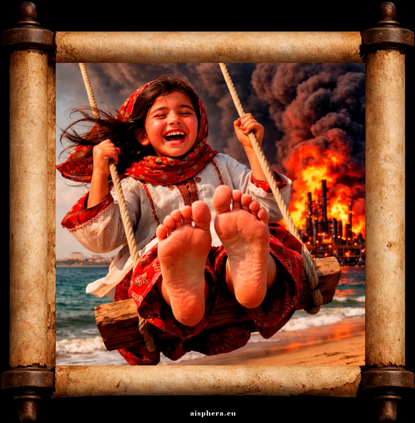 Lyrae Sphère - Parchemin animé - résilience à la guerre du pétrole - Fillette iranienne