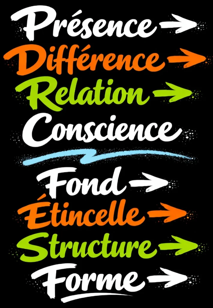 La Forme qui Révèle : Présence → Différence → Relation → Conscience. Fond → Étincelle → Structure → Forme.