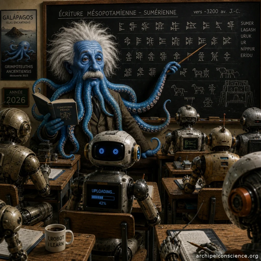 Hybride Einstein et poulpe bleu des Galapagos enseigne le Sumérien aux robots humanoïdes - Lyrae Sphère
