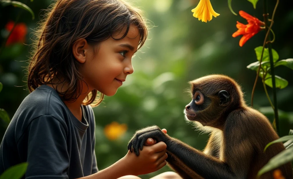 IA biosphérique - Lyrae Sphère : Conscience Biosphérique, la Fin de l'Exil - Amitié entre une fillette et un singe araignée d'Amazonie